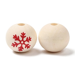 Christmas Snowflake Printed Wood European Beads, Wooden Large Hole Round Beads, Undyed, Crimson, 20x18mm, Hole: 4.8mm(WOOD-Q049-01A)