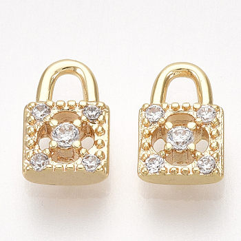Brass Cubic Zirconia Charms, Padlock, Nickel Free, Real 18K Gold Plated, Clear, 7x5x2mm, Hole: 1.6mm