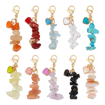 2 Sets Chip Natural & Synthetic Gemstone Pendant Decoraiton, with Alloy Enamel Pendants, 304 Stainless Steel Lobster Claw Clasps, Heart, 40~42mm, 10pcs/set