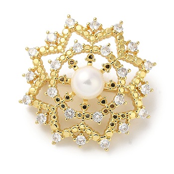 Rack Plating Brass Pave Clear Cubic Zirconia Flower Brooches, with ABS Imitation Pear Beads, Real 18K Gold Plated, 39mm