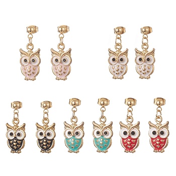 5 Pair 5 Color Alloy Enamel Owl Dangle Stud Earrings, Golden 304 Stainless Steel Jewelry for Women, Mixed Color, 30mm, Pin: 0.7mm, 1 Pair/color