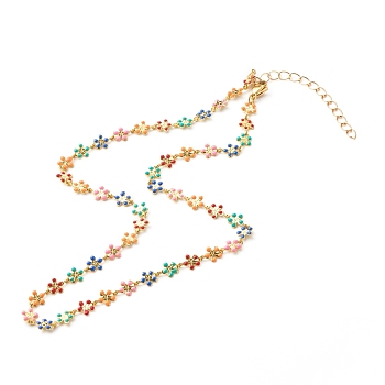 Brass Enamel Link Chain Necklaces, with 304 Stainless Steel Lobster Claw Clasps, Flower, Colorful, 40.5cm