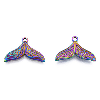 201 Stainless Steel Pendants, Fishtail, Rainbow Color, 17x25.5x2mm, Hole: 2mm