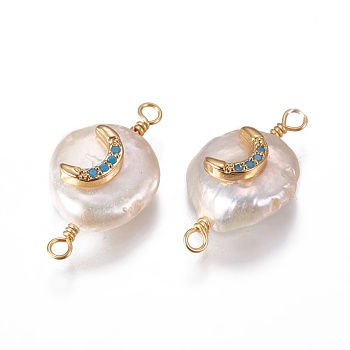 Natural Pearl Links connectors, with Cubic Zirconia and Brass Findings, Flat Round with Moon, Golden, Deep Sky Blue, 19~23x10~12x6~9mm, Hole: 1.6mm