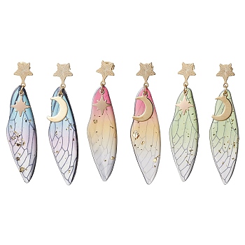 3 Pairs 3 Style Moon & Star Alloy Asymmetrical Earrings, Resin Wings Dangle Stud Earrings, Mixed Color, 63x16mm, 1 Pair/style