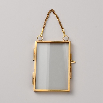 Wall Hanging Brass Double Folding Picture Frames, with Glass Window, for Home Decoration, Rectangle, 142mm