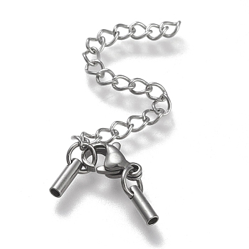 304 Stainless Steel Curb Chain Extender, with Cord Ends and Lobster Claw Clasps, Stainless Steel Color, Chain Extender: 54mm, Clasps: 10x6.5x3.5mm, Cord Ends: 7x2.5mm, 1.5mm inner diameter