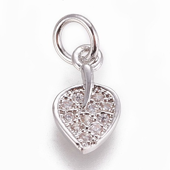 Brass Micro Pave Cubic Zirconia Charms, Leaf, Clear, Platinum, 11x6.5x1.5mm, Hole: 3mm