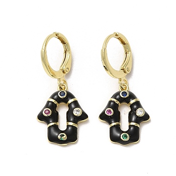 Hamsa Hand Real 18K Gold Plated Brass Dangle Hoop Earrings, with Cubic Zirconia and Enamel, Black, 29x13mm