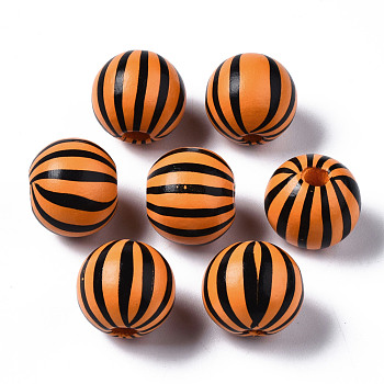 Painted Natural Wood European Beads, Large Hole Beads, Printed, Round with Stripe, Black, 16x15mm, Hole: 4mm