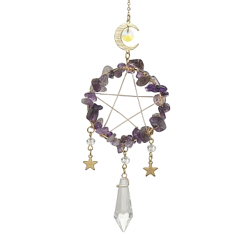 Wire Wrapped Natural Amethyst Chips & Brass Ring Pendant Decoration, with Glass Cone Charm, for Home Hanging Decoration, Moon & Star, 310~312mm, Hole: 8mm