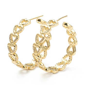 Heart Brass Micro Pave Clear Cubic Zirconia Hoop Earrings, Long-Lasting Plated, Real 18K Gold Plated, 7x30mm, Pin: 0.8mm