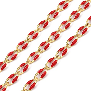 Ion Plating(IP) Brass Dapped Chains, Cable Chains with Enamel, Real 18K Gold Plated, Soldered, with Spool, Flat Oval, Red, 7x3x1.3mm, about 32.81 Feet(10m)/Roll