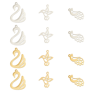 DICOSMETIC 24Pcs 6 Style 201 Stainless Steel Charms, Mixed Shapes, Golden & Stainless Steel Color, 18~23x8.5~17x1mm, Hole: 1.5mm, 4pcs/style