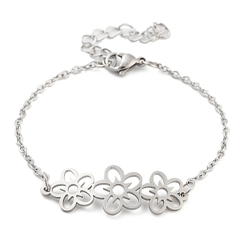 Non-Tarnish Stainless Steel Cable Chain Link Bracelets for Women Men, Stainless Steel Color, Flower, 6-1/2 inch(16.5cm), flower: 36x13mm