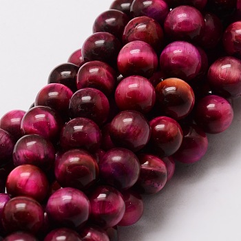 Natural Tiger Eye Round Beads Strands, Fuchsia, 10mm, Hole: 1mm, about 38pcs/strand, 15.7 inch