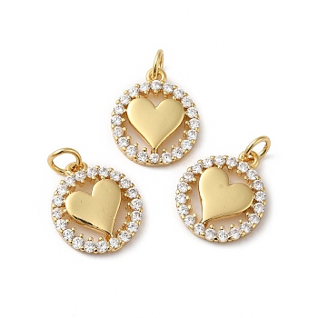 Rack Plating Brass Pave Cubic Zirconia Pendants, Lead Free & Cadmium Free, Real 18K Gold Plated, Long-Lasting Plated, Flat Round with Heart Pattern Charm, Clear, 15.5x13.5x3mm, Hole: 3.4mm