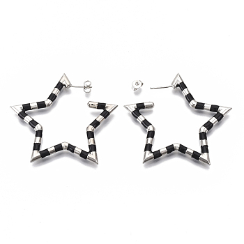 Brass Stud Earrings, with Enamel and Earring Backs, Star, Real Platinum Plated, Black, 50~51x48.5x3.5mm, Pin: 0.7mm