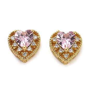 Brass Micro Pave Cubic Zirconia Beads, Real 18K Gold Plated, Heart, Pink, 10x10.5x7mm, Hole: 2mm