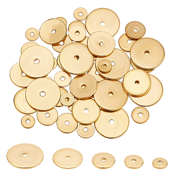 5 Styles 304 Stainless Steel Spacer Beads, Flat Round/Disc, Real 18K Gold Plated, 4~10mm, 10pcs/style, 50pcs/box