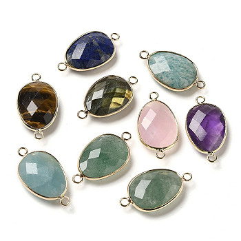 Natural Mixed Gemstone Faceted Connector Charms, Brass Egg Links, Light Gold, 31.5x17.5x7mm, Hole: 2.5mm