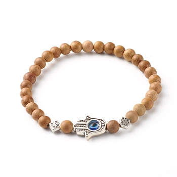Natural Wood Beads Stretch Bracelets, with Tibetan Style Alloy Bead,  Hamsa Hand /Hand of Miriam with Evil Eye, BurlyWood, Inner Diameter: 2-1/8 inch(5.45cm), 5.5mm
