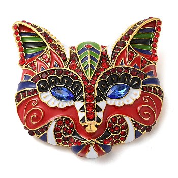 Cat Mask Alloy Rhinestone Brooch, Cat Enamel Pins, for Backpack Clothes, FireBrick, 60x63.5x24mm