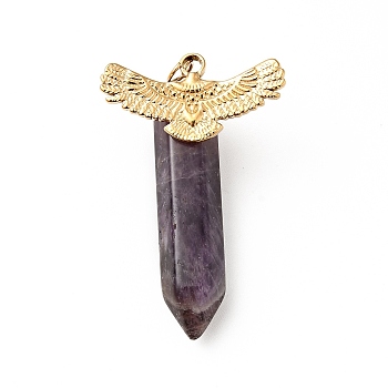 Eagle Natural Amethyst Pointed Pendants, with Ion Plating(IP) Platinum & Golden Tone 304 Stainless Steel Findings, Faceted Bullet Charm, 39.5mm, Eagle: 25.5x12.5x1.6mm, Bullet: 33.5x8x8.5mm, Hole: 3.4mm