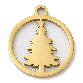 Christmas 201 Stainless Steel Pendants, Flat Round with Christmas Tree, Golden, 15x13x1mm, Hole: 1.5mm