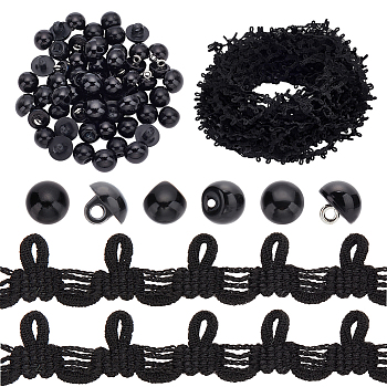 Elite Ornament Accessories Kits, Including Resin Imitation Pearl Shank Buttons, 1-Hole, with Polyester Elastic Cord with Loops, Black