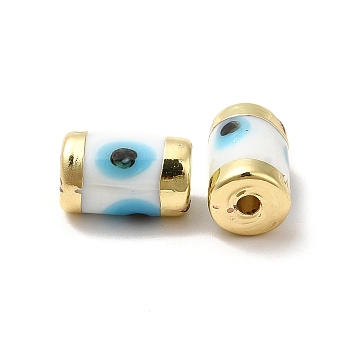 Handmade Evil Eye Lampwork Beads, with Light Gold Tone Brass Findings, Long-Lasting Plated, Lead Free and Cadimum Free, Column, White, 14.5~15x9~9.5mm, Hole: 1.8mm