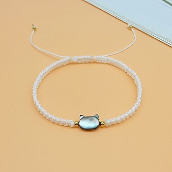Cat Shaped Natural Shell Braided Bead Bracelets, Adjustable Polyester Cord Bracelets for Women, White, no size