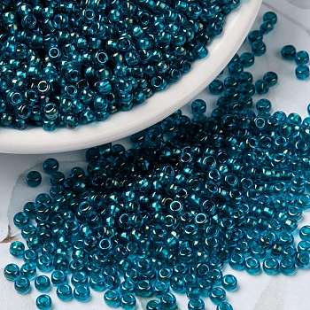 MIYUKI Round Rocailles Beads, Japanese Seed Beads, (RR3537) Fancy Lined Teal Blue, 15/0, 1.5mm, Hole: 0.7mm, about 5555pcs/bottle, 10g/bottle