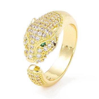 Cubic Zirconia Leopard Open Cuff Ring, Real 18K Gold Plated Brass Jewelry for Women, Cadmium Free & Lead Free, Green, US Size 6 1/2(16.9mm)