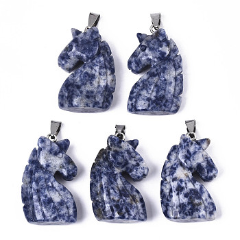 Carved Natural Sodalite Pendants, with Stainless Steel Bails, Unicorn, Stainless Steel Color, 38~41x11~14x24~25mm, Hole: 9x4mm