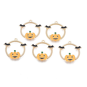 Halloween Alloy Enamel Pendants, Cadmium Free & Nickel Free & Lead Free, Ring with Pumpkin & Bat, Light Gold, Sandy Brown, 25x24.5x2mm, Hole: 1.2mm