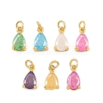 Brass & Glass Pendants, Teardrop Charm, Real 18K Gold Plated, Faceted, Mixed Color, 10x5.5x4mm, Hole: 2.3mm(KK-Q085-16G)