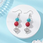 Synthetic Turquoise & Alloy Dangle Earrings, Heart with Round, Antique Silver, 55x23mm(EJEW-JE06929)