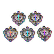 Alloy Pendants, Crosslet Heart Pendants, Cadmium Free & Nickel Free & Lead Free, Heart with Cross, Rainbow Color, 21.5x20x3mm, Hole: 1.4mm(X-PALLOY-S180-124-NR)