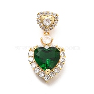 Brass Micro Pave Clear Cubic Zirconia Pendants, with Faceted Glass, Heart, Real 18K Gold Plated, Dark Green, 29mm, Hole: 5x4mm(KK-I695-005C)