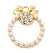 Rack Plating Brass Pave Cubic Zirconia Pendants, with Plastic Pearl, Long-Lasting Plated, Cadmium Free & Lead Free, Christmas Wreath, Real 18K Gold Plated, 23x19x2.5mm, Hole: 2x2.5mm(KK-R150-15G)