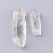 Natural Quartz Crystal Pendants, Rock Crystal Pendants, with Platinum Tone Brass Findings, Nuggets, 32~47x11~16x8~13mm, Hole: 2mm(G-S240-15)