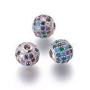 Brass Micro Pave Cubic Zirconia Beads, Round, Colorful, Platinum, 8x7.5mm, Hole: 2mm(ZIRC-F098-02P-8mm)