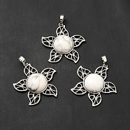 Natural Howlite Pendants, Flower Charms, with Rack Plating Platinum Tone Brass Findings, Cadmium Free & Lead Free, 38x37x7~7.5mm, Hole: 8x5mm(G-B033-02P-16)