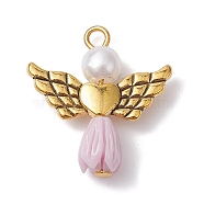 Resin Imitation Pearl Pendants, Rose Angel Charms with Antique Golden Plated Alloy Heart Wings, Thistle, 23.5~24x22x6.5mm, Hole: 1.8~2.2mm(PALLOY-JF02565-04)