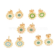 Sun with Evil Eye Real 18K Gold Plated Brass Stud Earrings, with Enamel, Mixed Color, 9.5mm(EJEW-L269-056G)