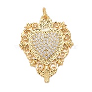 Rack Plating Brass Micro Pave Clear Cubic Zirconia Pendants, Cadmium Free & Nickel Free & Lead Free, Long-Lasting Plated, with Jump Ring, Heart, Real 18K Gold Plated, 31x24x2.5mm, Jump Ring: 5x0.5mm, Inner diameter: 3.5mm(KK-M229-40G)