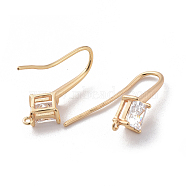 Brass Earring Hook, Ear Wire, with Cubic Zirconia and Vertical Loop, Clear, Real 18K Gold Plated, 24x9mm, Hole: 1.2mm, Pin: 1mm(X-ZIRC-Q019-002G)