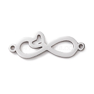 304 Stainless Steel Links, Infinity with Heart, Stainless Steel Color, 10.5x26.5x1.5mm, Hole: 1.2mm(STAS-L250-007P)
