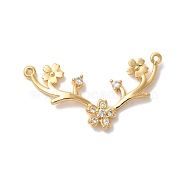 Brass Pave Clear Cubic Zirconia Flower with Deer Horn Links Connector Charms, Nickel Free, Long-Lasting Plated, Real 18K Gold Plated, 12x28x2mm, Hole: 0.8mm(KK-M294-10G)